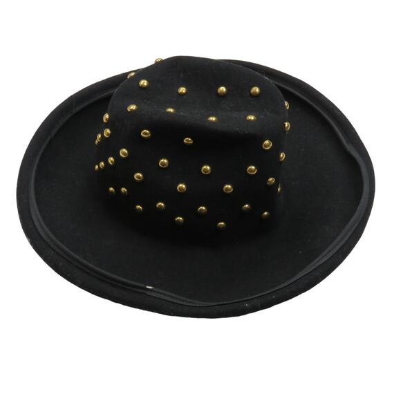 Bollman Hat Co. Mr. Charles 80s Vintage Black Felt Wool Gold Studded Fedora Hat - Picture 3 of 8